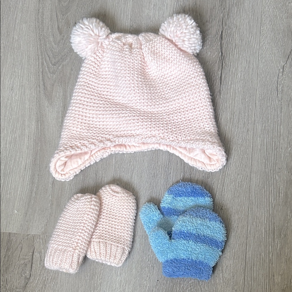 Pink Knit Hat and Blue Striped Mittens Set